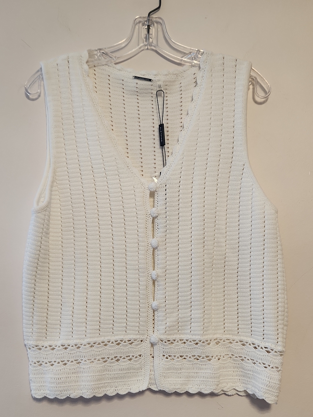 Elie Tahari White Cotoon Pointelle Women’s  Crochet Button-Front Vest Medium